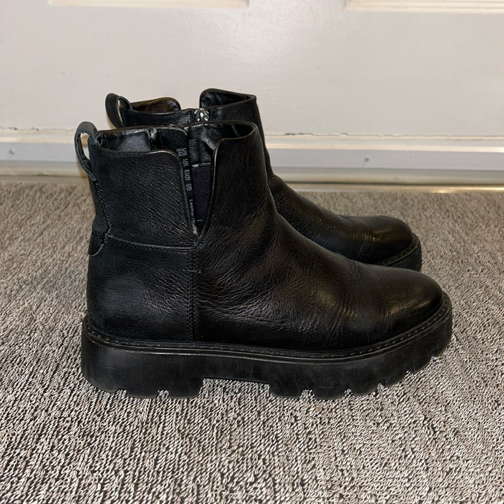 Franco Sarto black leather Billie lug sole platform ankle boots, women’s size 6